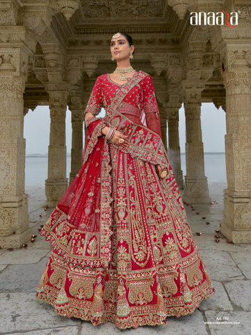 Red Raw Silk Bridal Wedding Lehenga Set with Heavy Net Dupatta - AA150